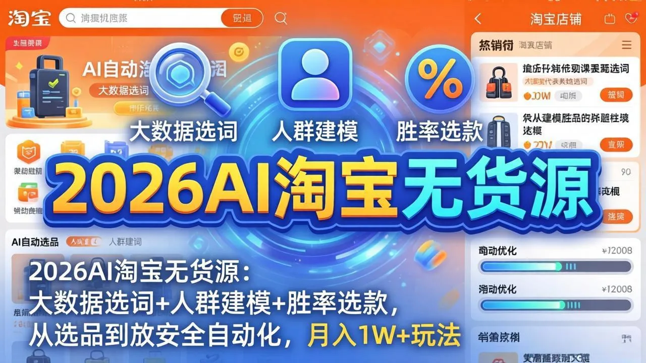 2026AI淘宝无货源：大数据选词+人群建模+胜率选款，从选品到放大全自动化，月入1W+玩法